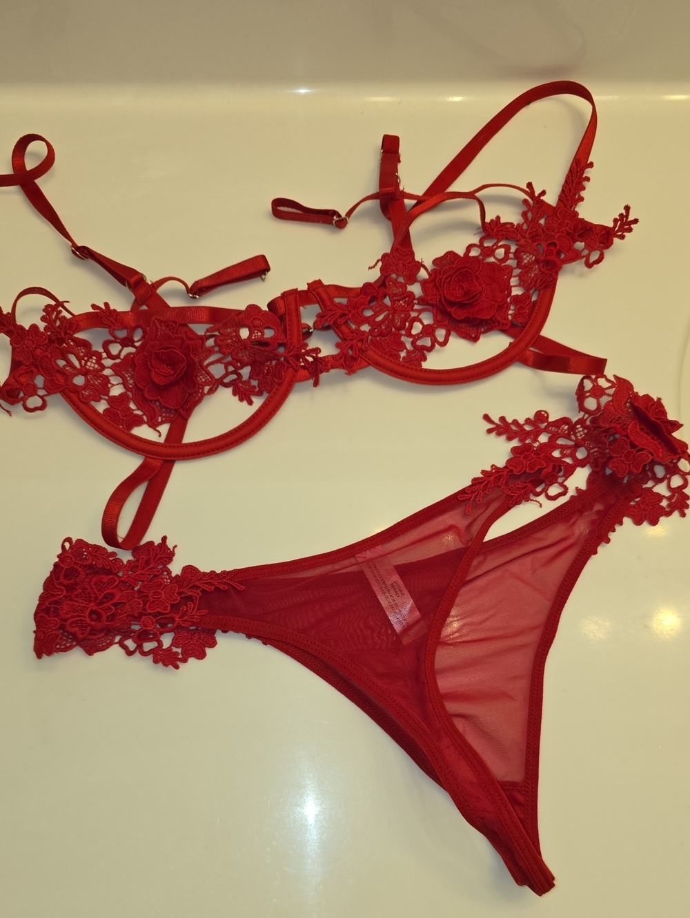 Red Floral Lace Bra & Thong Set